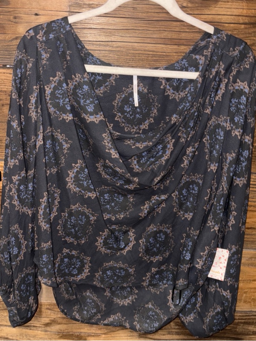 Free People Black Draped Neck Printed Blouse with Blue Medallions - oversized
